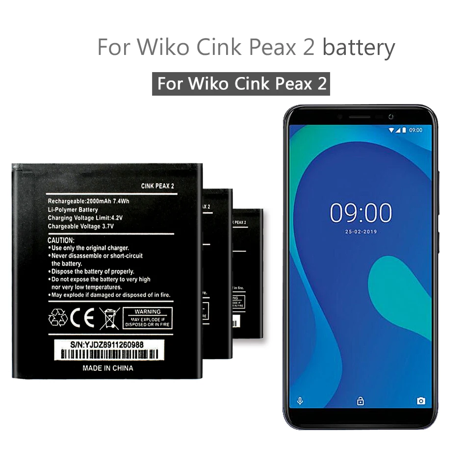 Перезаряжаемый литий полимерный аккумулятор 2000 мАч для смартфона Wiko Cink Peax