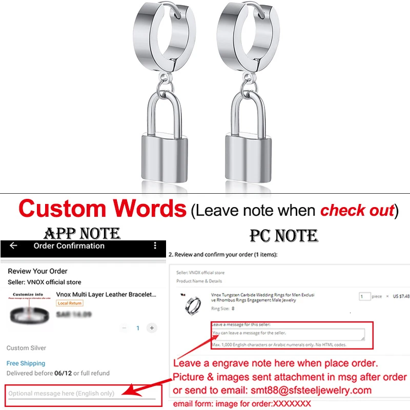 Custom ED-364S-L Vnox персонализированные серьги Huggie с первоначальным замком для женщин, висячие серьги из нержавеющей стали, Заказные ювелирные изделия с надписью Sister Candid - Окраска металла: Custom ED-364S-L