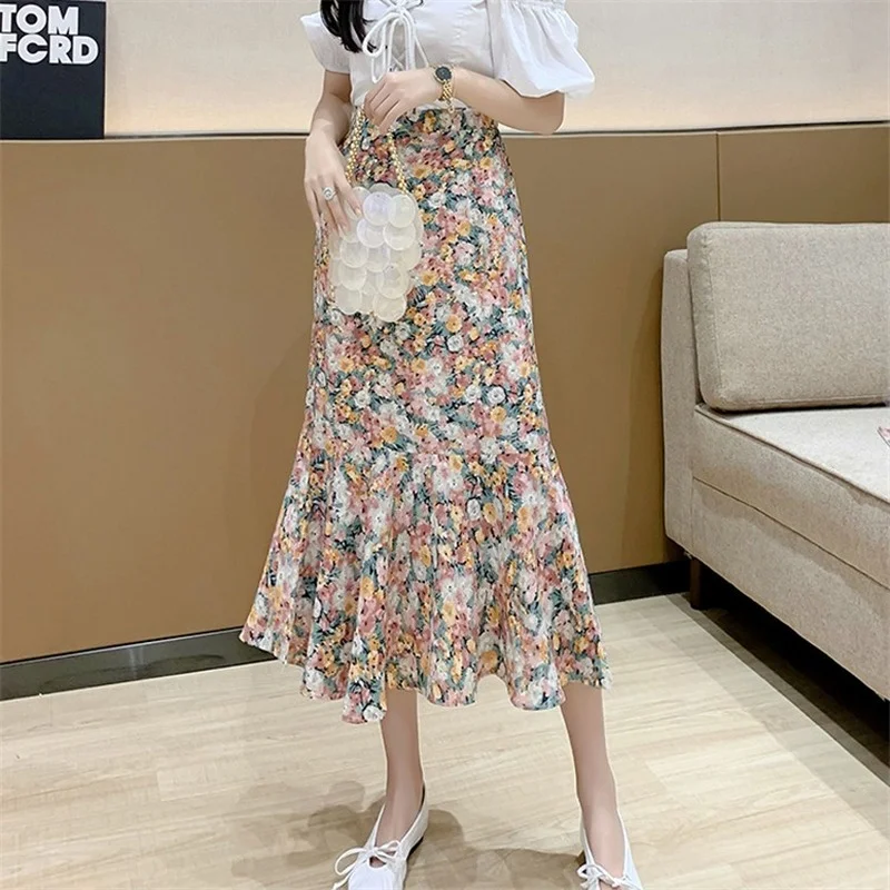 

Women Fishtail Elegant Slim Skirt 2021 Summer New Korean Temperament Chiffon High Waist Print Floral A-line Skirts Female Boho