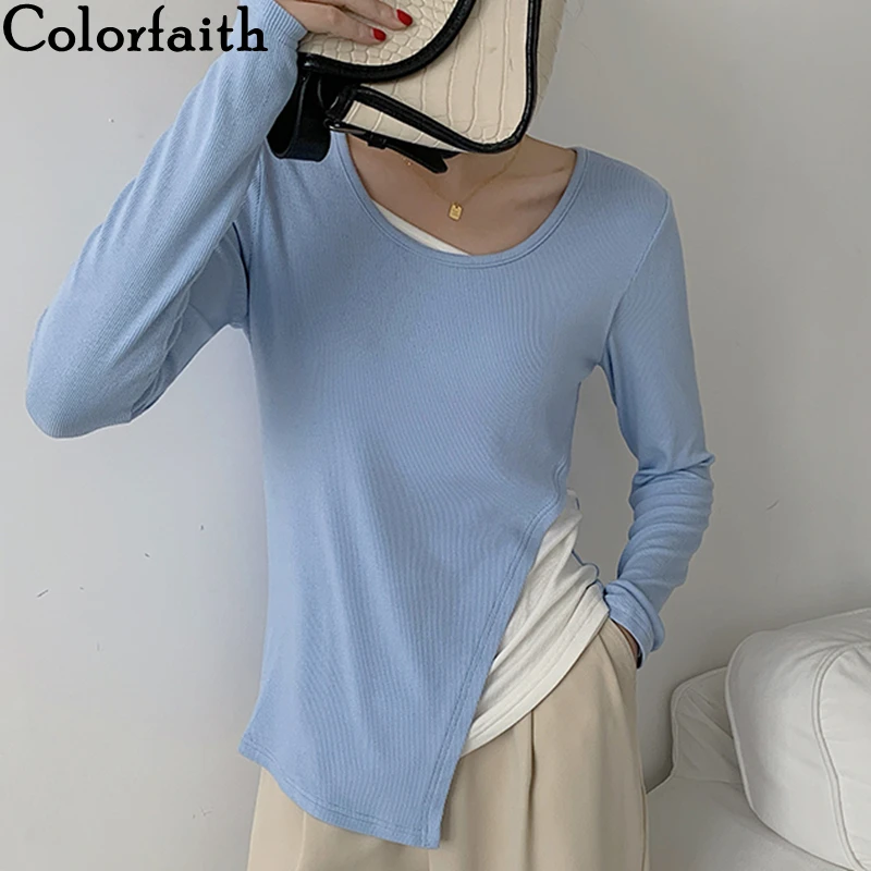 

Colorfaith New 2021 Women's Spring Autumn T-shirt Bottoming Basic Fake 2 Piece Korean Fashion Wild Lady Irregular Tops T20427