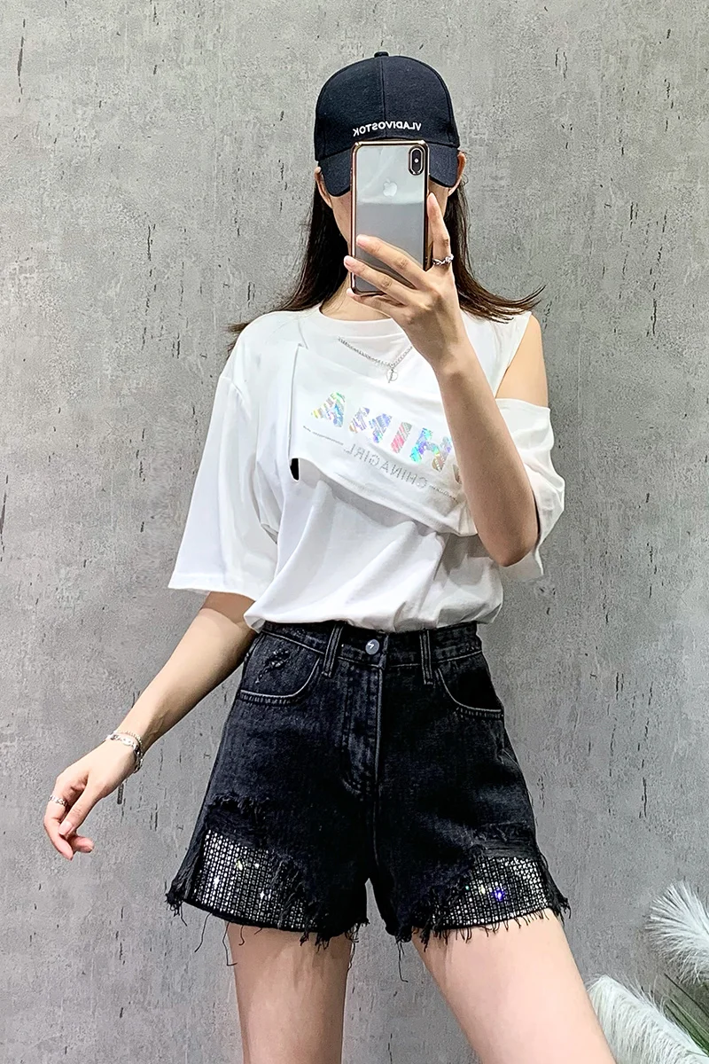 

Wide Leg Denim Shorts Women's Summer 2021 Ripped Rhinestone High Waist Short Jeans Lady Loose Slimming A Line Hot Denim Pants