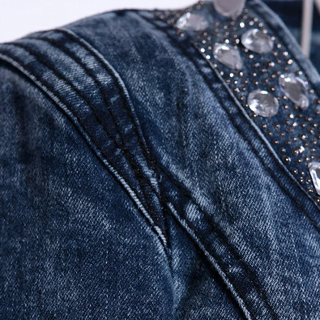 Женская джинсовая куртка в винтажном стиле укороченная с бриллиантами Корейском
