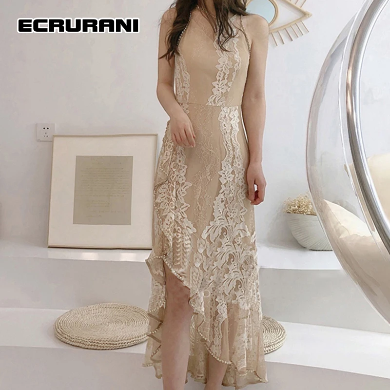 

ECRURANI Elegant Dress For Women O Neck Sleeveless High Waist Slim Lace Patchwork Irregular Dresses Females Summer Clothing 2021