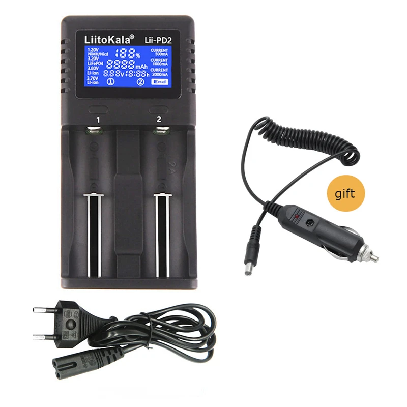 

LiitoKala Lii-PD2 LCD Battery Charger for 18650 26650 21700 2-slot Lithium Battery+ 12V Car Socket Powered Supply Charger Cable