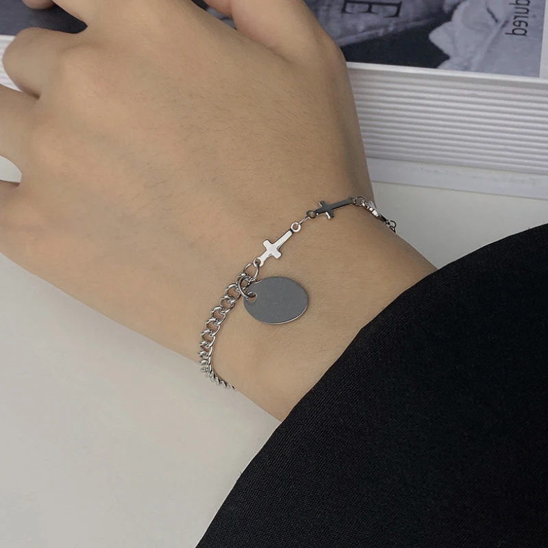 

U-Magical Retor Circle Coin Medallion Cross Charm Bracelet for Women Exquisite Asymmetric Holiday Splicing Bracelet Jewellery