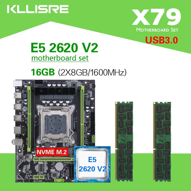 Комплект материнской платы Kllisre X79 USB3.0 с Xeon LGA2011 E5 2620 V2 2x8 ГБ = 16 Гб 1600 МГц DDR3 память ECC
