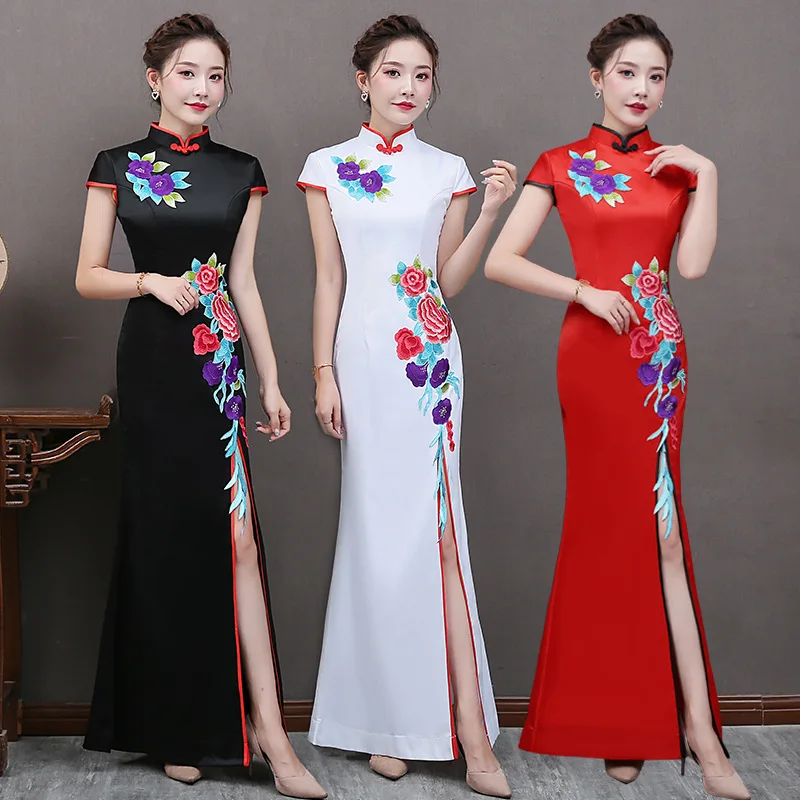 Cheongsam Chinese Red Wedding Party Dress Modern Long Women Fishtail Qipao Traditional Vestido Oriental Gown