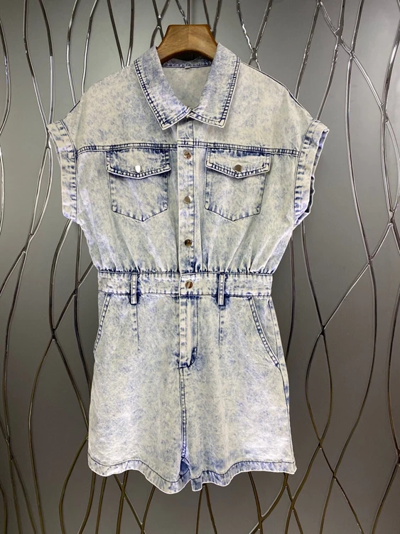 

2021 new women fashion lapel symmetrical pocket decoration denim short-sleeved jumpsuit casual pants 603