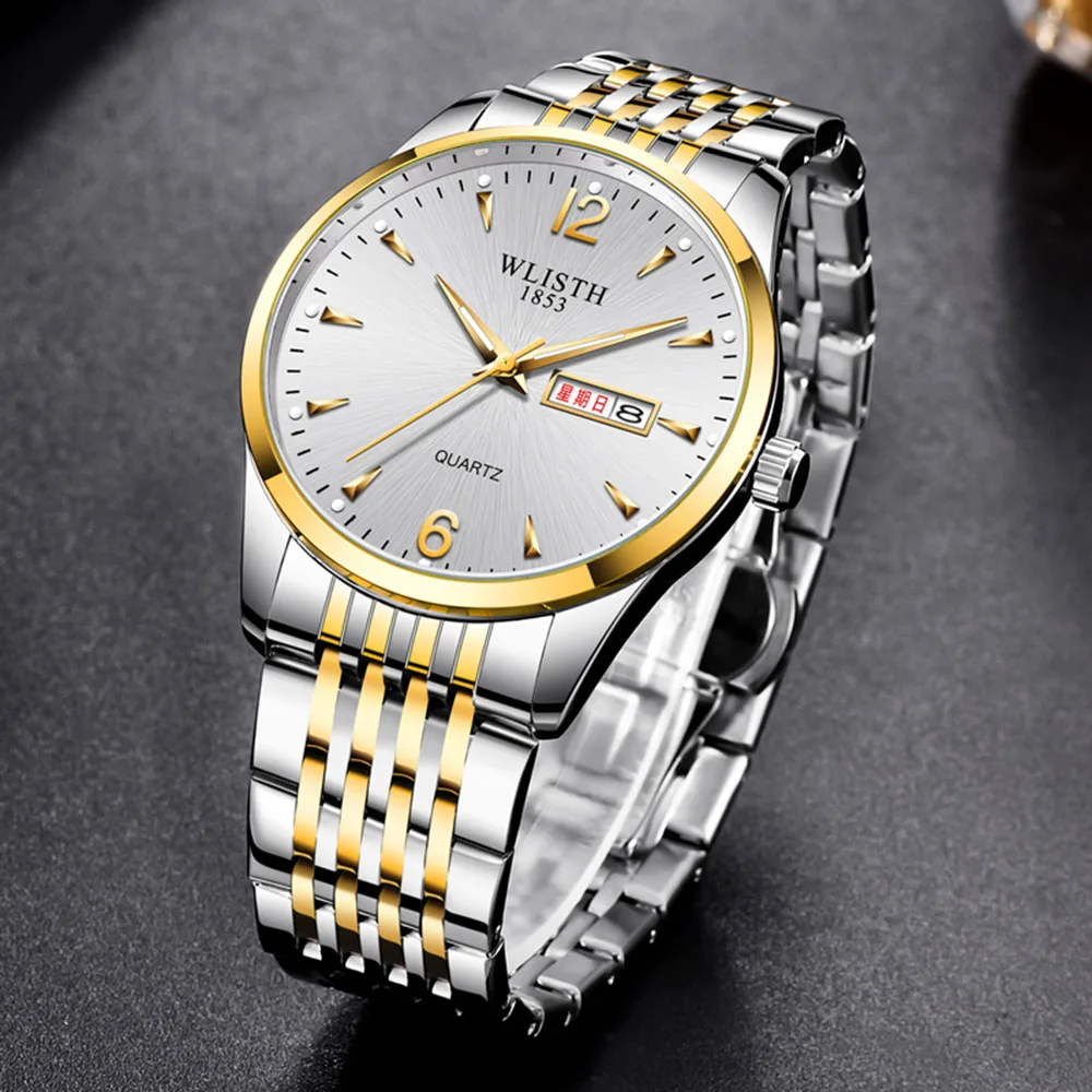 

Часы мужские кварцевые, из нержавеющей стали, золотистые, водонепроницаемые, светящиеся, в деловом стиле, 2021