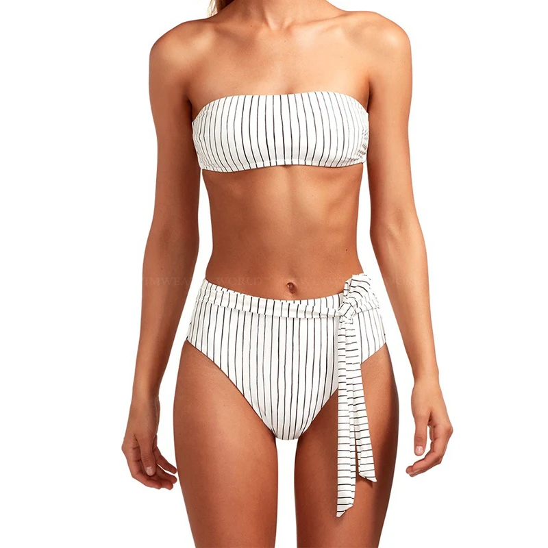 2019 White Striped High Waist Bikini Women Swimwear Two Pieces Swimsuit Push Up Set Bandeau Bathing Suit Beachwear Swim | Женская одежда