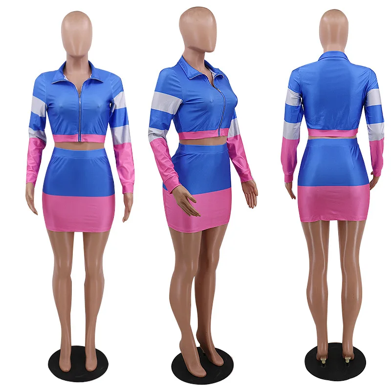 

Sexy Two Piece Set Women Long Sleeve Zipper Lapel Top and Stretch Mini Skirt Tracksuit Patchwork Outfit Wholesale Dropshipping