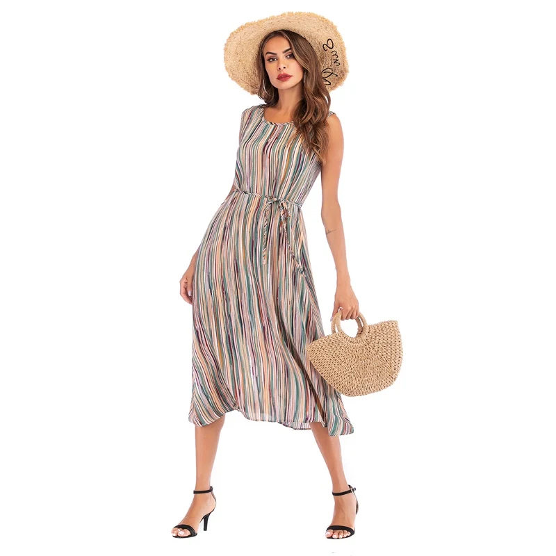 

2020 plus size v-neck chiffon striped camisole summer sexy long dress