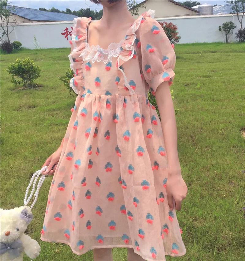 

Summer Kawaii Lace Flowers Dresses Cute Girl Elegant Square Collar Chic Puff Sleeve Sweety Loose Dress Japanese Pullover Dresses