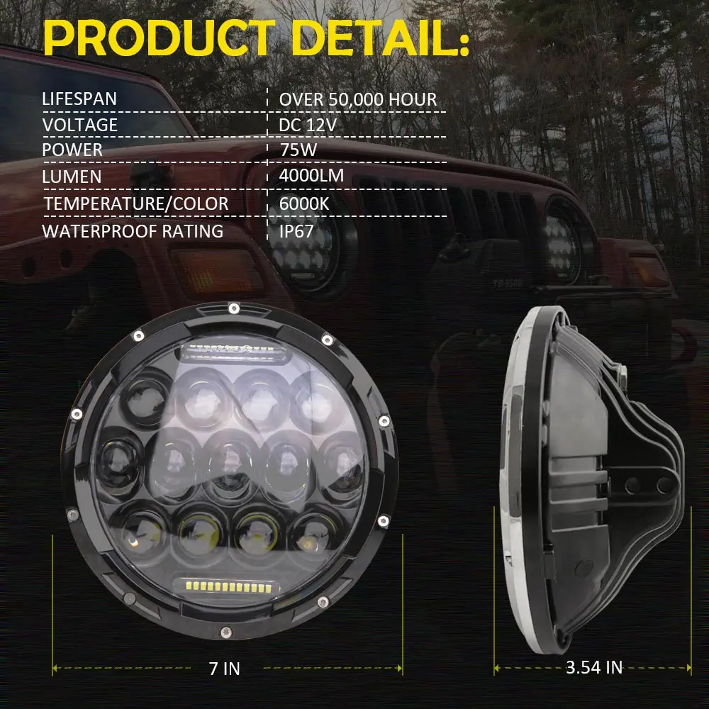 Для Jeep Wrangler светодиодные фары 7 дюймов круглые дальнего ближнего света DC 12v 24v для