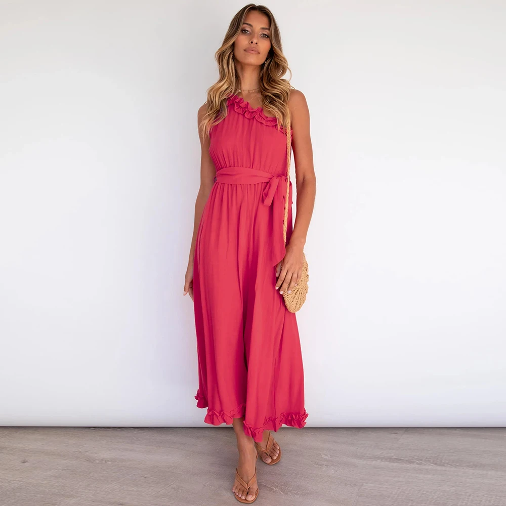 

Solid Color Sexy Ruffle Sleeveless Dress Women Summer Diagonal Collar Bandage Folds Elegant Party Casual Plus Size Ladie Dresses