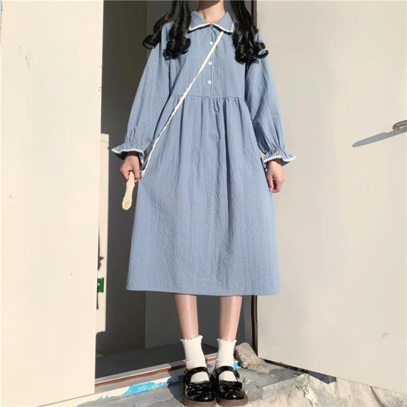 

Японский в стиле «Mori Girl» в винтажном стиле; Платье для девочек с рукавами в виде лепестков, с пуговицами, для Kawaii платье трапециевидной формы...