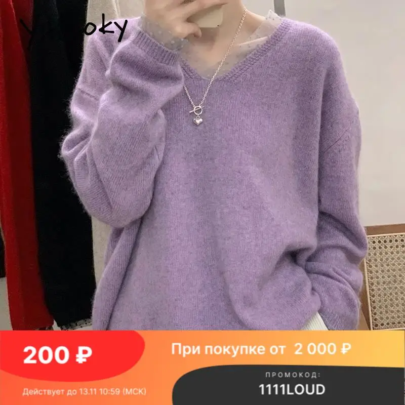 

Yitimoky осенний свитер с V-образным вырезом 2021 кружевные Сращенные фиолетовые топы Модные Повседневные винтажные пуловеры с длинным рукавом В...