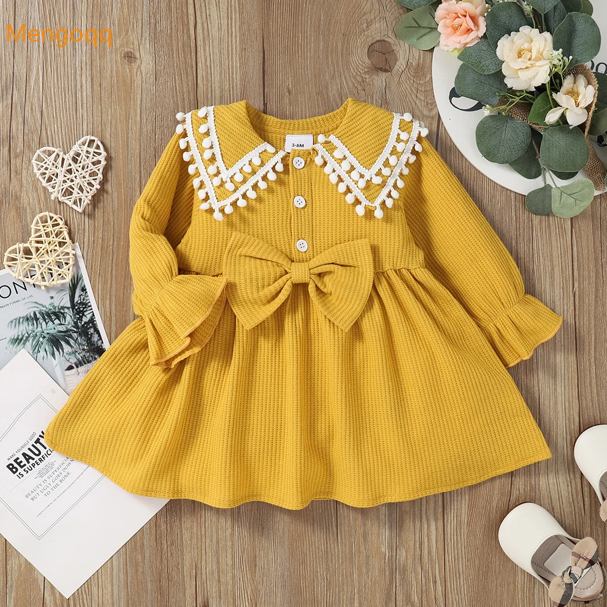 

Infant Kids Baby Girls Autumn Spring Flare Sleeve Peter Pan Collar Bow Knee-length Dress Toddler Children Clothes Patry 3M-3Y