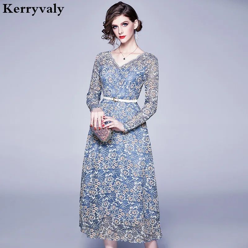 

Весеннее женское синее кружевное платье с длинным рукавом, Vestidos, повседневное женское платье 2022, вечернее платье-миди с широкой юбкой, модно...