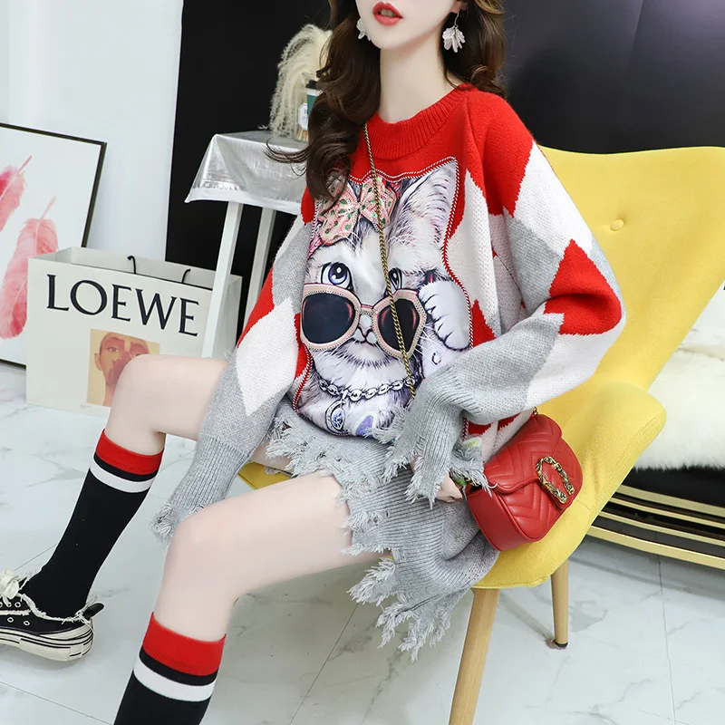 

Hsa Autumn Winter Women Cute Sweater and Jumpers Cartoon Cats Chic Long Sweaters Knit Pullovers Women Broken Hole Korean jumper
