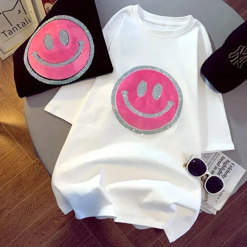 

Tshirt Women summer top Hot Set Diamonds Smiley Face White Round Neck Short Sleeved tshirt women 2021 Loose Oversized Shirt Top