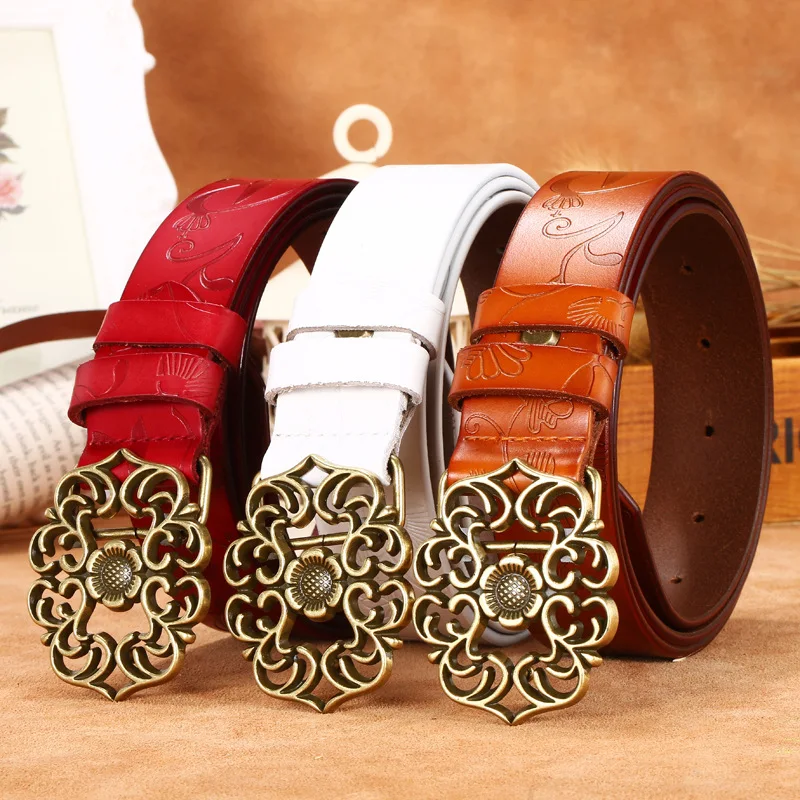 Brand Women Belt Designer Genuine Leather Vintage Carved Flower Strap Girls Ladies' Belts For Jeans Smooth Buckle Accessories