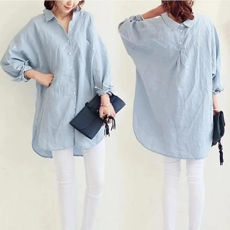 Блузка женская хлопково-Льняная в Корейском стиле свободная размера плюс