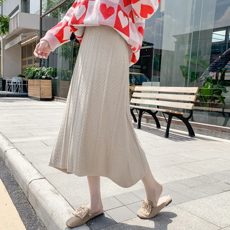 

Qiukichonson Cute Autumn Winter Long Skirt Women 2019 Korean Fashion Embossed High Waist Knitted Pleated Skirts Midi Lenth