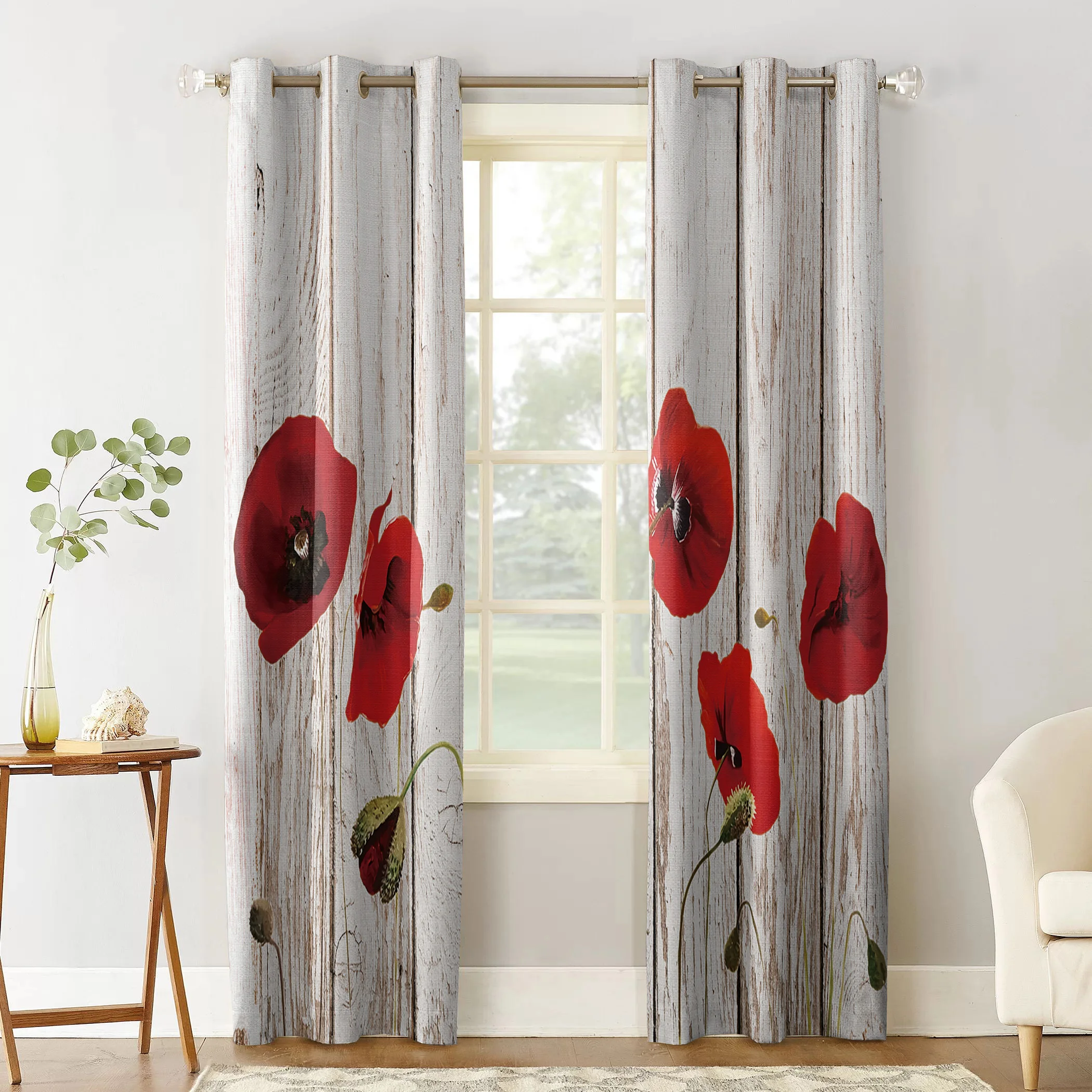Винтажная деревянная текстура занавеска для окна с красным маковым цветком