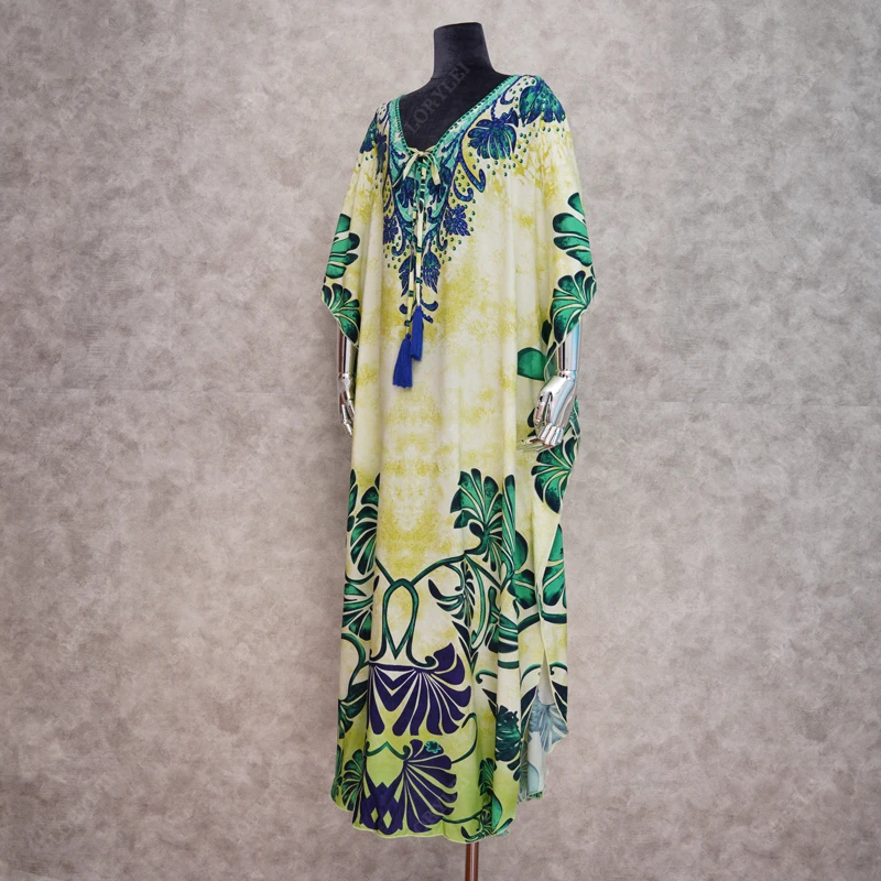 Пляжное платье с треугольным вырезом зеленое принтом в виде бохо хлопковое