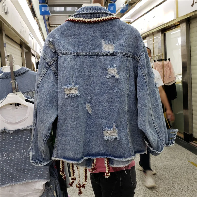 Женская короткая джинсовая куртка свободная в европейском стиле с кружевной