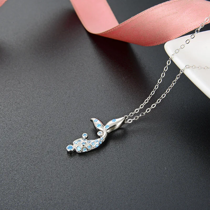 

S925 Sterling Silver Fashion Trendy Fresh Style Necklace Pendant Fishtail Shape Zircon Clavicle Chain