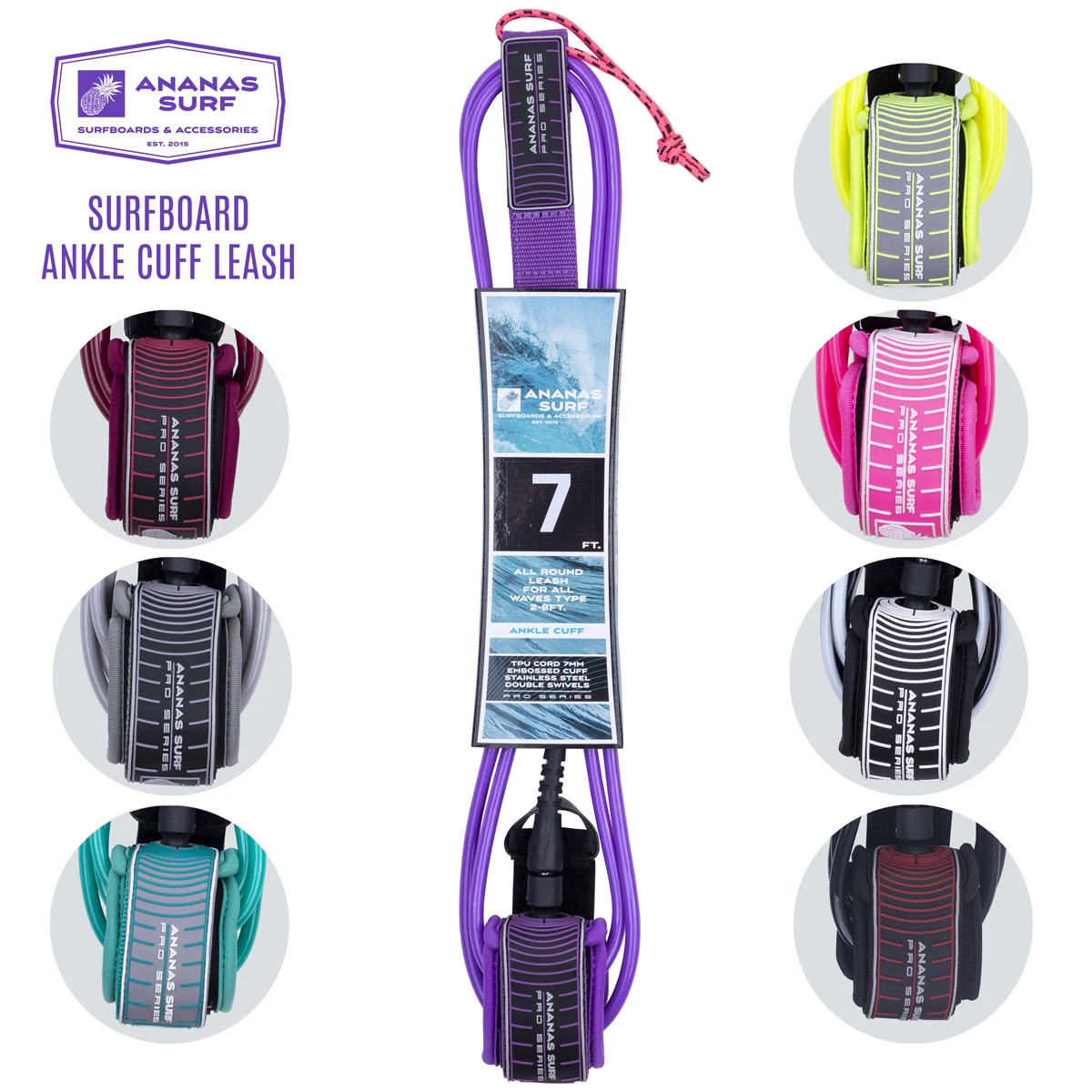Поводок для доски серфинга Ananas Surf Pro Series 7 футов 213 см. Защитный шнур мм из ТПУ с