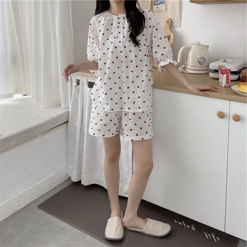 Pajama Women's 2021 Summer New Korean Cotton Little Love Cute Pullover Suit Leisure Home Clothes Female Sleepwear Lady Nightwear