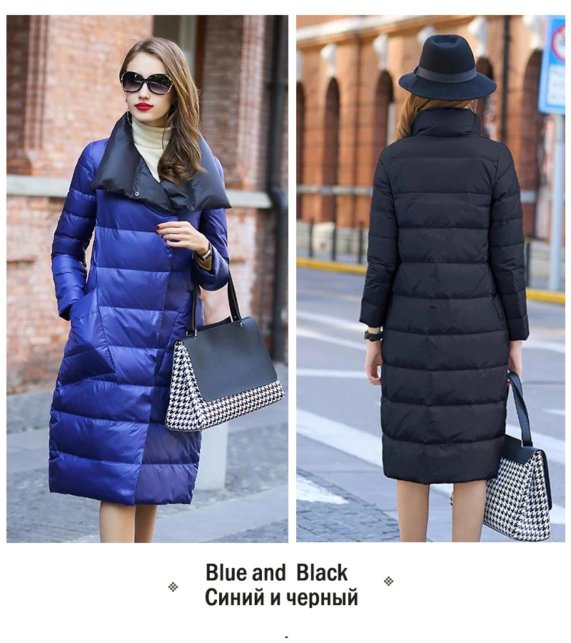 Double Sided Women's Down Jacket Long Winter Turtleneck White Duck Down Coat Female Double Breasted Plus size Warm Plaid Parkas