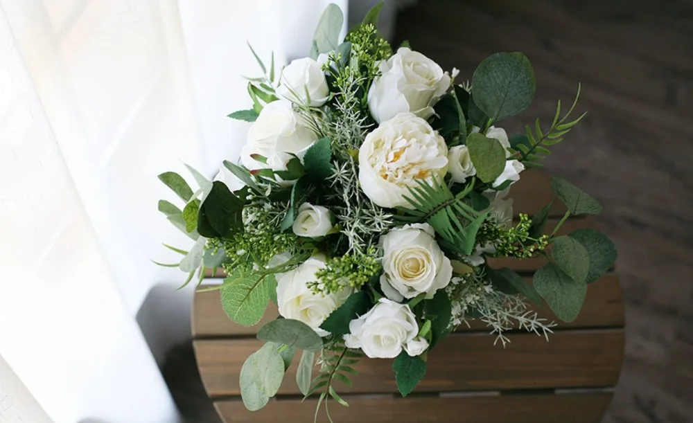 JaneVini винтажный белый зеленый Свадебный Шелковый букет Bloemen broiloft Aftificial Свадебные цветы Бохо букет цветов невесты