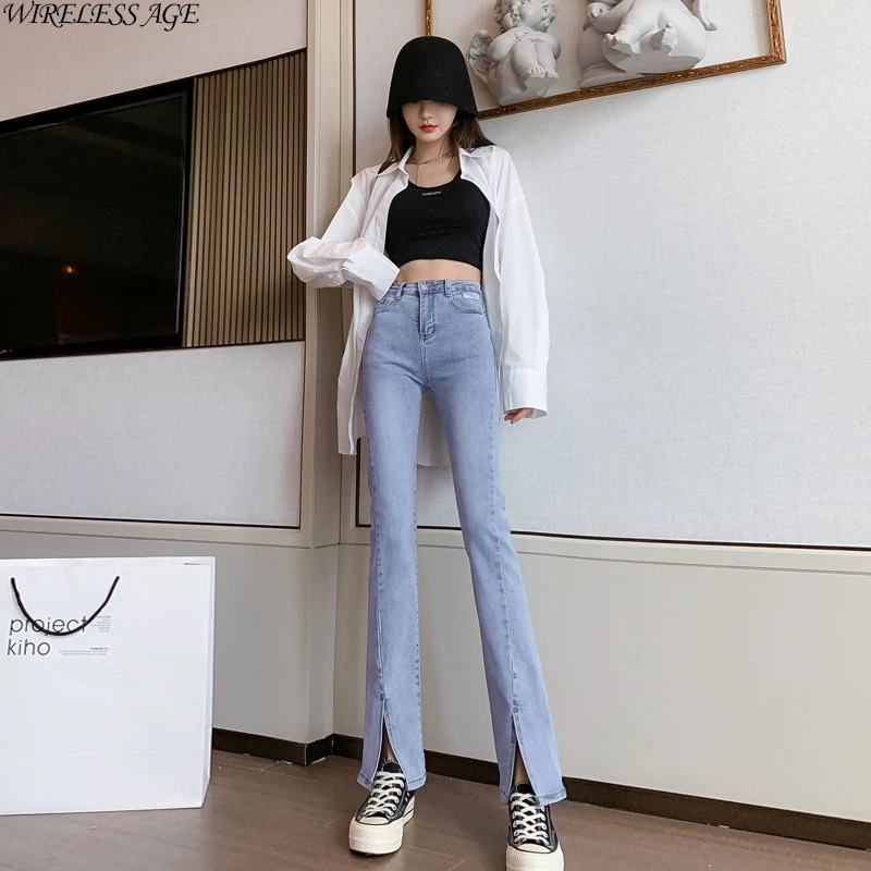

WIRELESS AGE Denim Pants Women High Waist Split Black Blue Color Slimming Sexy Casual Commute Jeans Trousers Harajuku Fashion