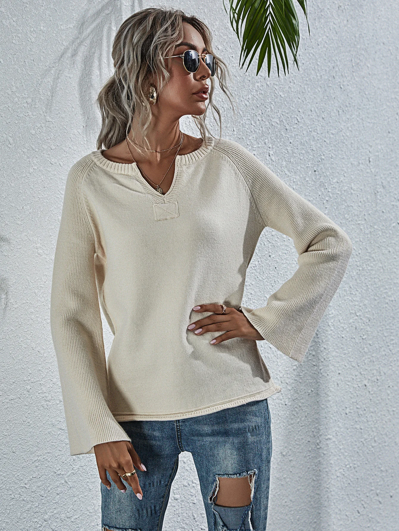 

Women's Clothing Flared Sleeves Sweater Fashion Autumn Winter Patch Knit Sweater Solid Pullover Casual Loose Ladies Sweater