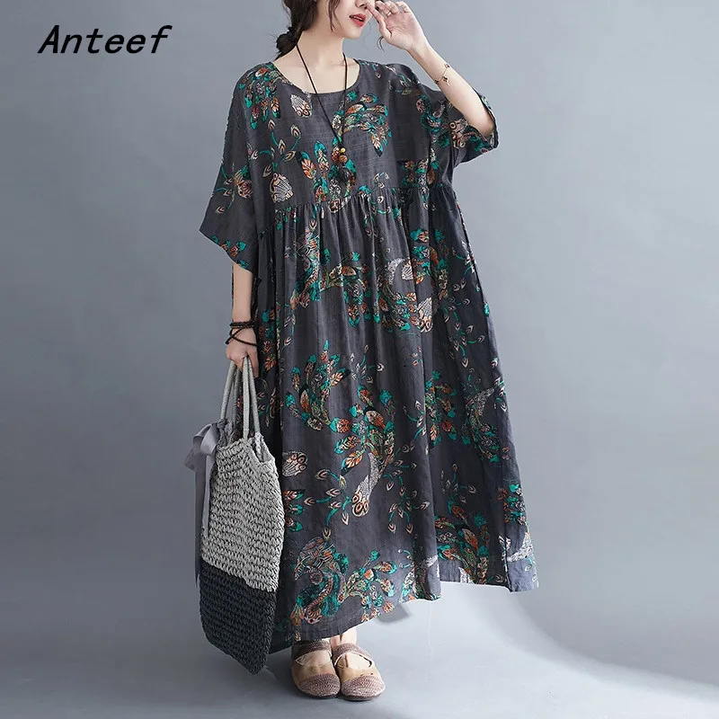 

Anteef short sleeve oversized cotton vintage floral dresses for women casual loose long summer dress elegant clothes 2022
