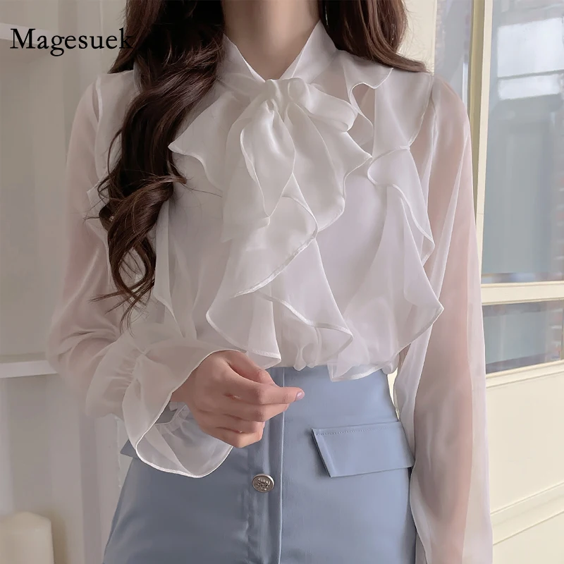 

2021 Korean Elegant Mesh Blouse New Ruffles Sweet Bow Chiffon Summer Office Lady Tops Casual Long Sleeve Shirt Blusas 13864