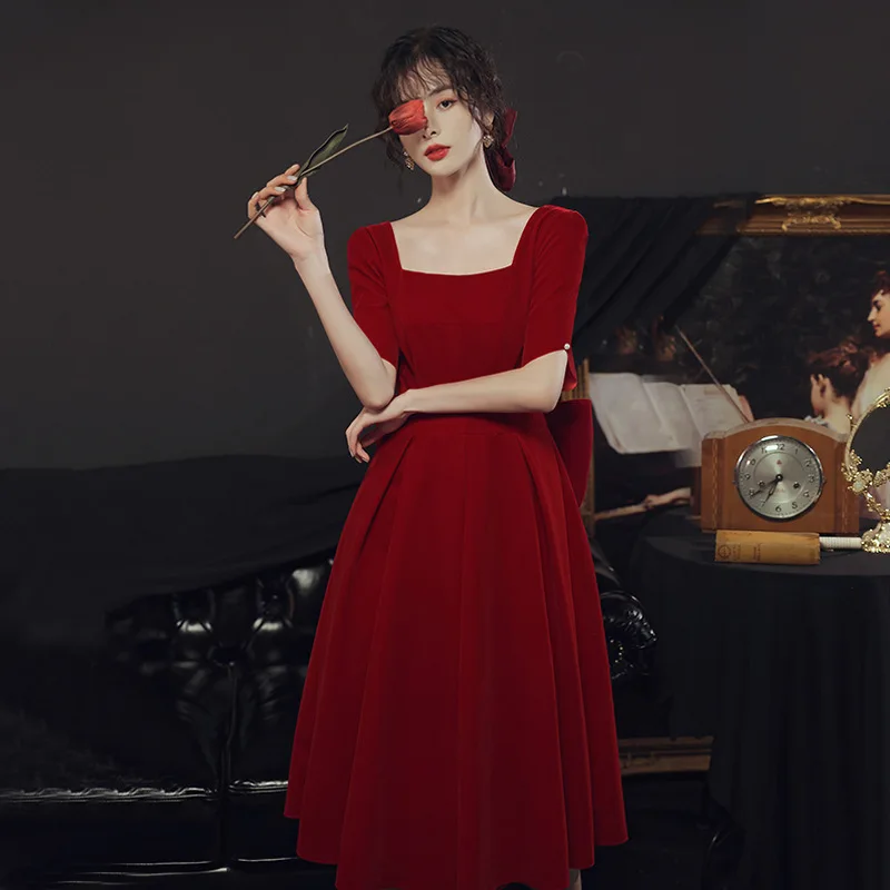 

Для особых случаев платья для женщин в винтажном стиле, квадратный вырез короткий с бантом и низким вырезом на спине роскошный бордовый ТРА...