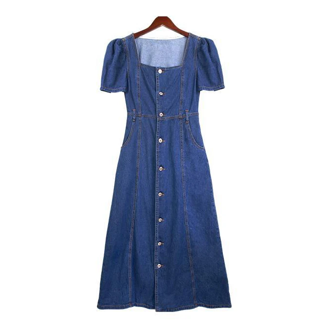 

Nice Spring New Salty Sweet French Little Fragrance Cowboy Dress Female Summer Square Collar Bubble Sleeve Middle Dress