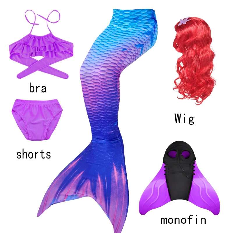 

Kids Girls Swimming Mermaid Tail With Wigs Cosplay 5pcs/Lots Anime Children Christmas Gift Fantasy Swimsuit Add Monofin Fin