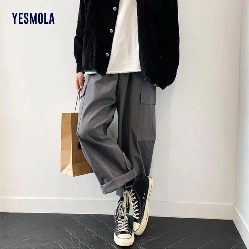 

YESMOLA Men Trousers Loose Straight Casual Pants Green Black Men's Overalls Spring Summer Korean Trendy Harajuku Wide Leg Pants