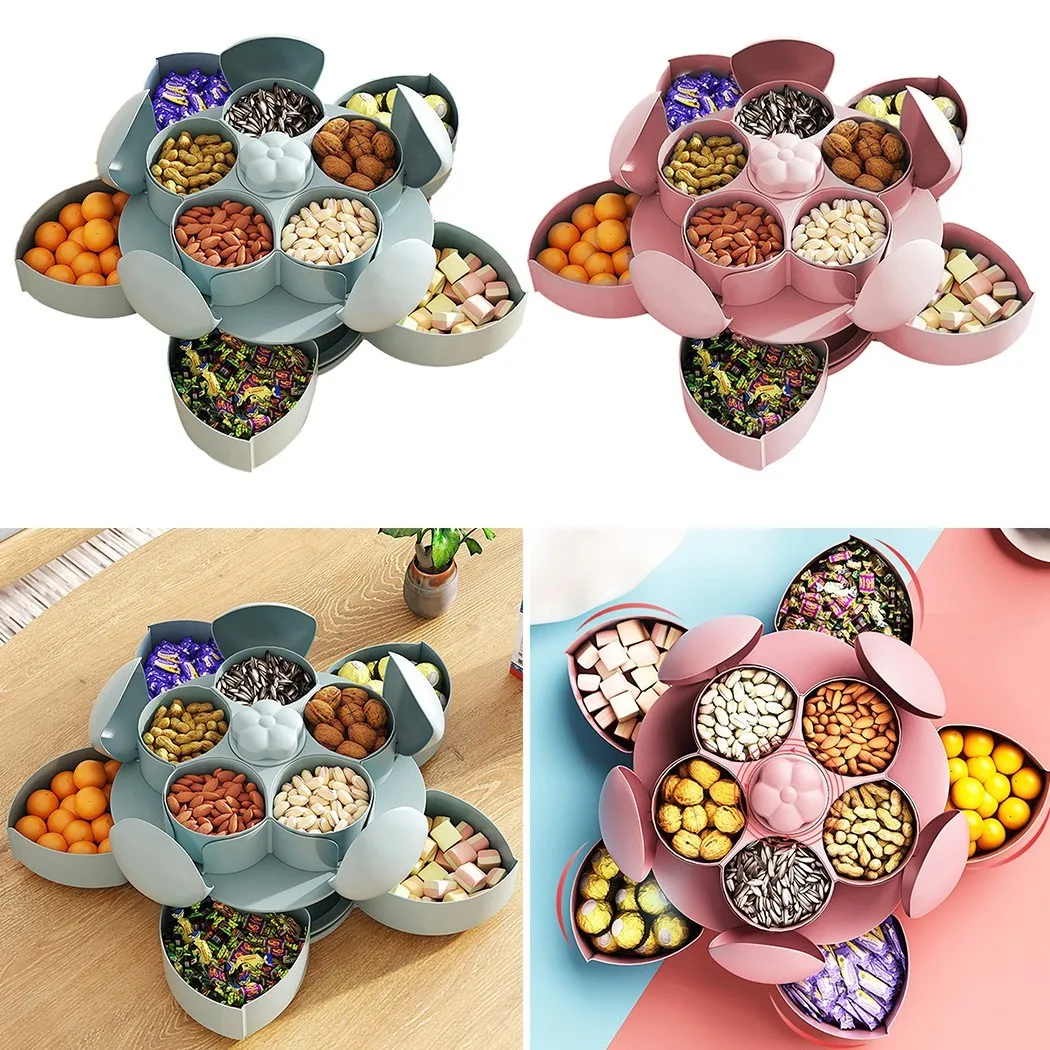 

1x Snack Box Plastic Petal-Shape Rotating Box Snack Candy Fruit Plate Food Storage Organizer Durable And Practical To Use