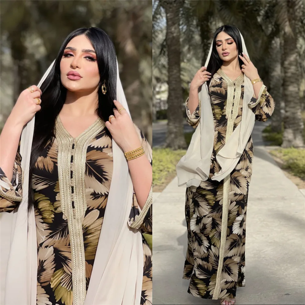 

Abayas Print Vintage Ethnic Muslim Long Dress Women Kaftan Eid Ramadan Islamic Arabic Maxi Robe Turkish Moroccan Middle East New