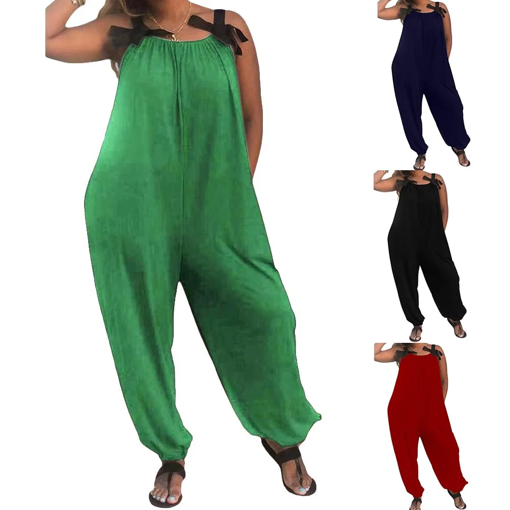 

Casual Loose Women Solid Color Bow Strap Sleeveless JumpsuitLong Pants Romper