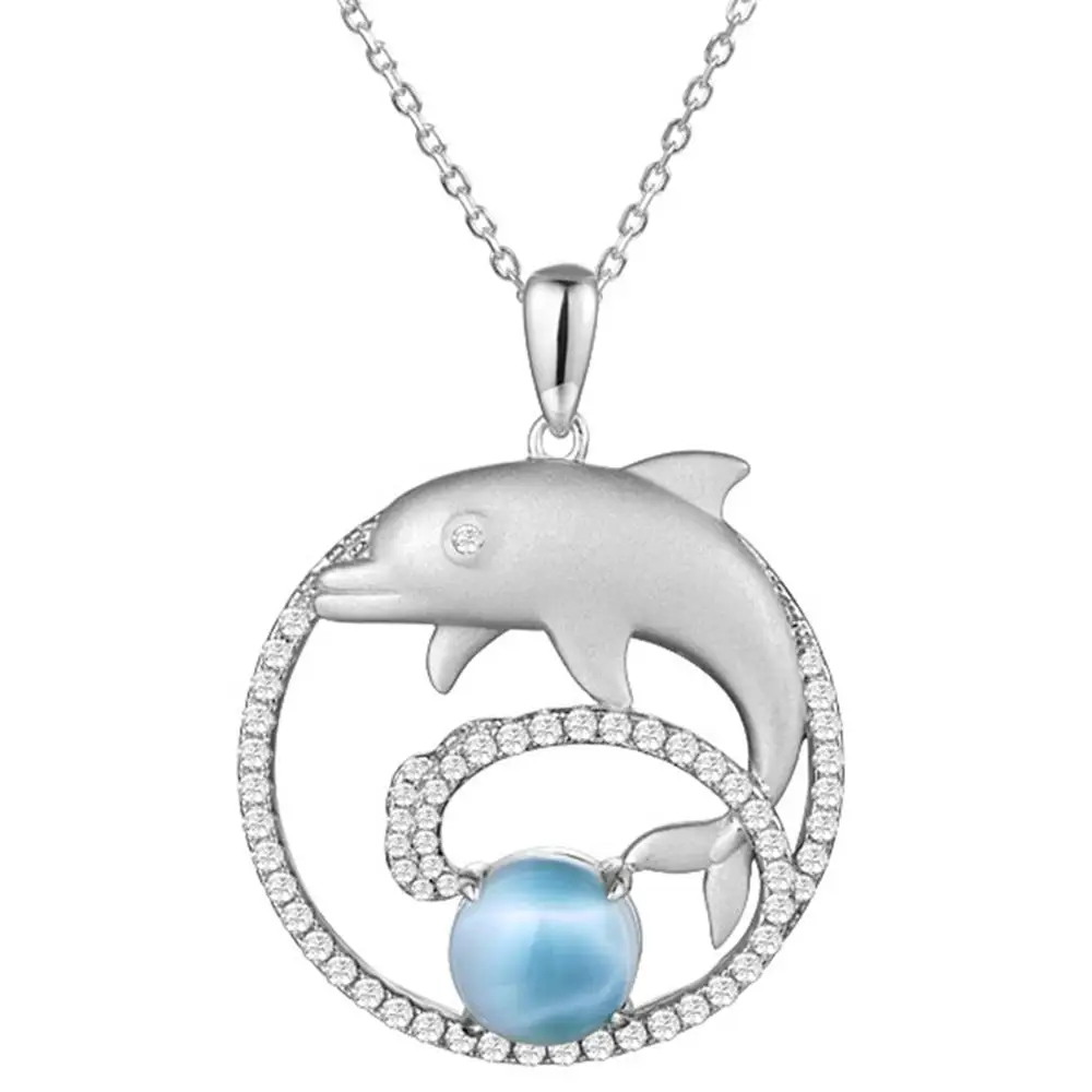 

High Quality 925 Sterling Silver Blue Natural Dominica Larimar Dolphin Women's Pendant Necklace For Gift