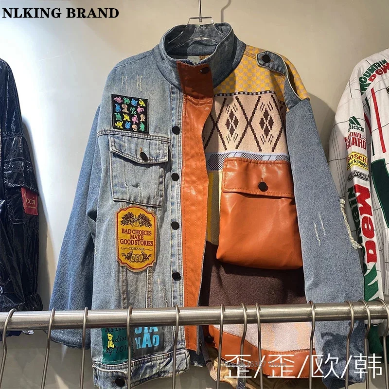 

Heavy Industry Knitted Stitching Contrast Denim Jacket Autumn Loose Personality Hong Kong Style Retro Design Sense Jacket Tide