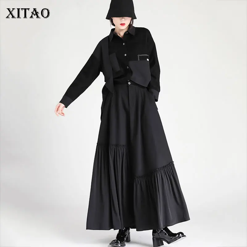 

XITAO/черная юбка, длинная, до щиколотки, однотонная, Лоскутная, с оборками, плиссированная, модная, универсальная, темпераментная, новинка, Осе...